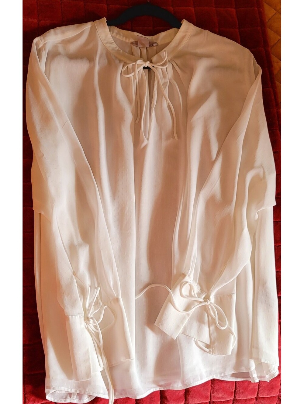 H&M Ivory Sheer Long Sleeve Blouse with Tie Neck XXL